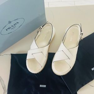 PRADA Crisscross Leather Espadrille Flatform Sandals